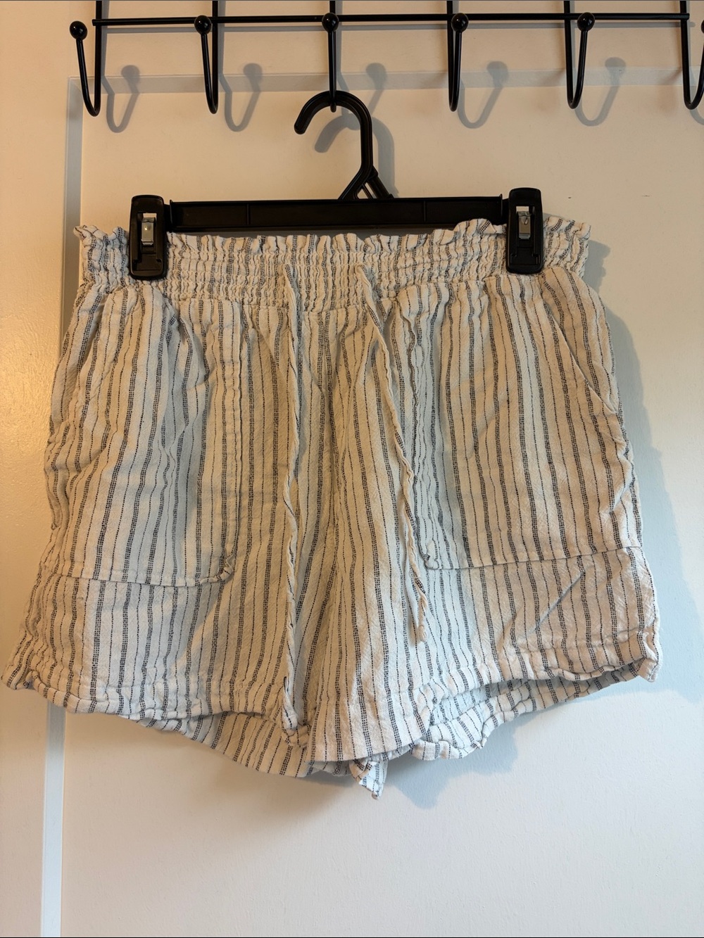 Time and Tru Cream with Blue Stripe High-Waist Drawstring Shorts